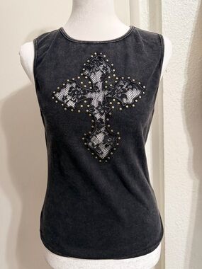 Black Lace-Inset Cross Studded Tank Top